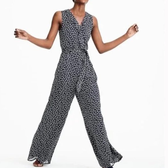 J.Crew Blue Point Sur Sparkle Indigo Floral Wide Leg Ruffle Romper/Jumpsuit - Picture 2 of 16